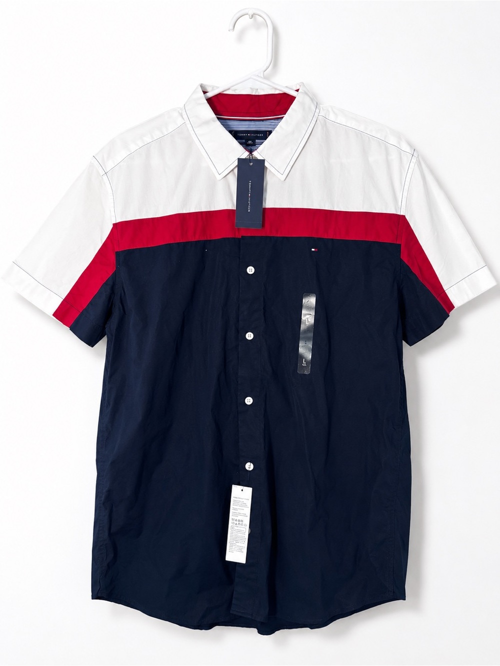 Tommy Hilfiger White-Red-Navy Short-Sleeve Colorblock Button-Down Shirt